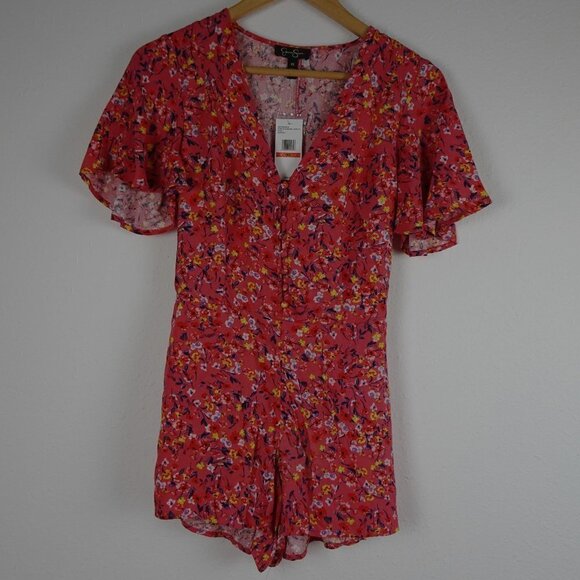 Jessica Simpson Romper Women's Size XS Orange Floral Print Flutter Sleeve - Picture 1 of 8